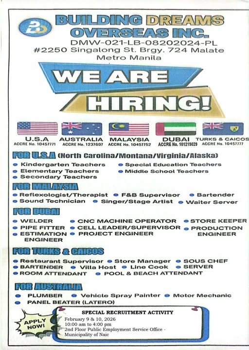 Poster: Special Recruitment Activity ng Building Dreams Overseas, Pebrero 9-10, 2026, 2nd Floor PESO, Naic
