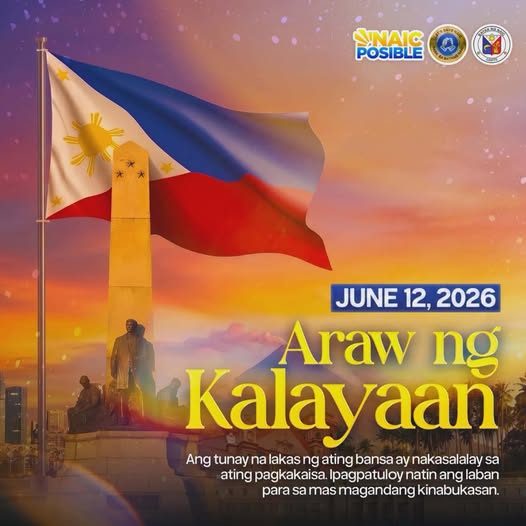 Poster: Araw ng Kalayaan, Hunyo 12, 2026, may watawat ng Pilipinas at monumento sa paglubog ng araw