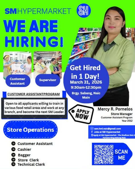 Poster: SM Hypermarket hiring, Get Hired in 1 Day, Marso 31, 2026, Brgy. Sabang, Naic, 9:30am-12:30pm