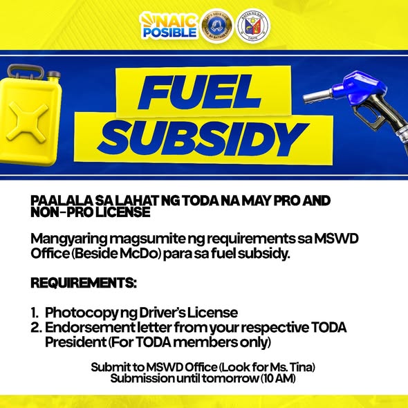 Poster: Fuel Subsidy para sa TODA drivers, submit sa MSWD Office (tabi ng McDo) hanggang Abril 1, 2026, 10:00 AM