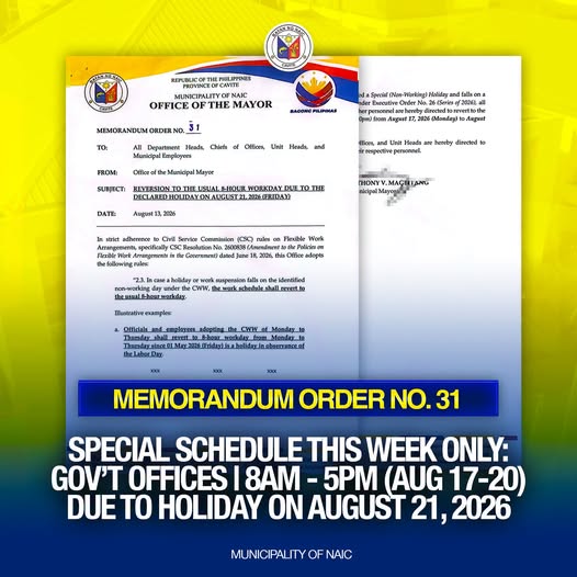 Memorandum Order No. 31: Espesyal na schedule ng gobyerno, 8AM-5PM, Agosto 17-20, 2026, sarado sa Agosto 21 dahil sa holiday.