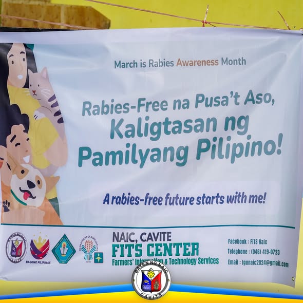 Poster: Rabies-Free na Pusa't Aso, Kaligtasan ng Pamilyang Pilipino, March is Rabies Awareness Month, FITS Center Naic