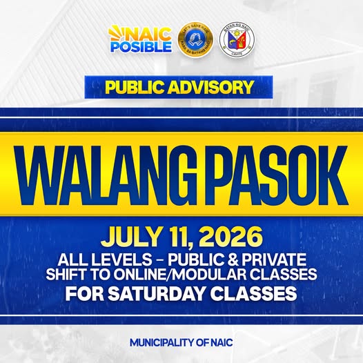 Poster: Walang Pasok sa Hulyo 11, 2026, lahat ng antas sa Naic, lilipat sa online/modular classes