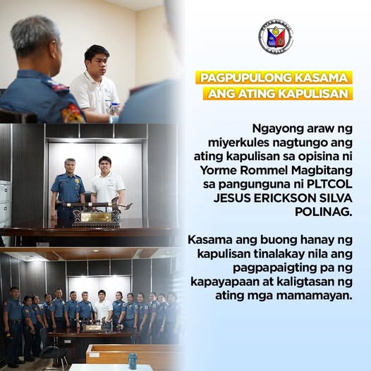 Poster: Pagpupulong kasama ang kapulisan sa opisina ng alkalde, Naic, Cavite, may tatlong larawan at paliwanag