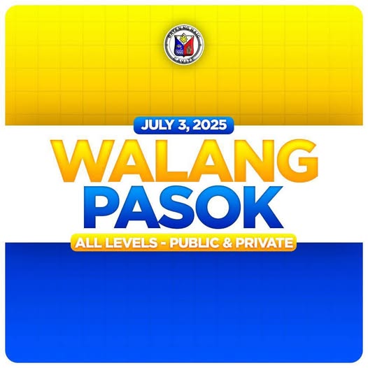 Poster: Walang Pasok, Hulyo 3, 2025, lahat ng antas ng paaralan, pampubliko at pribado, Naic, Cavite