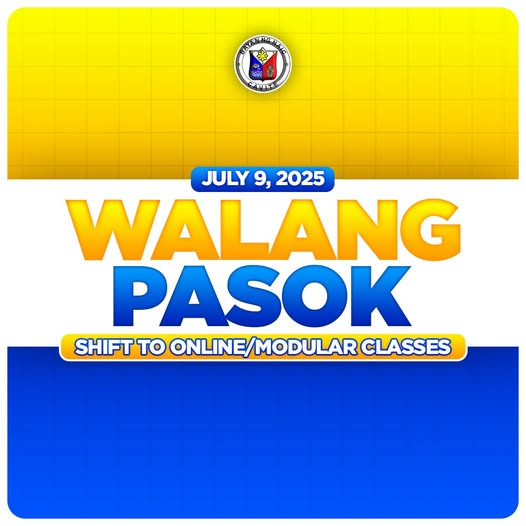 Poster: Walang Pasok, Hulyo 9, 2025, shift to online/modular classes sa Naic