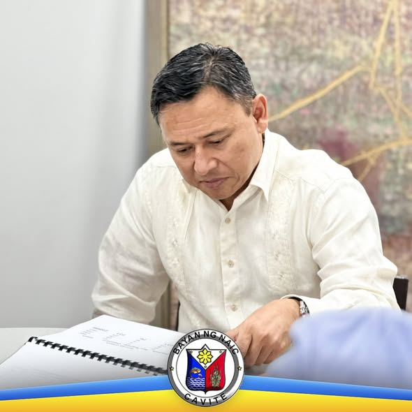Pagpupulong: lalaking nagbabasa ng dokumento sa mesa, may logo ng Bayan ng Naic