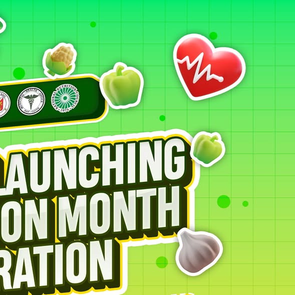 Graphic: Regional Launching ng Nutrition Month Celebration, may mga dekorasyong gulay at puso sa berdeng background