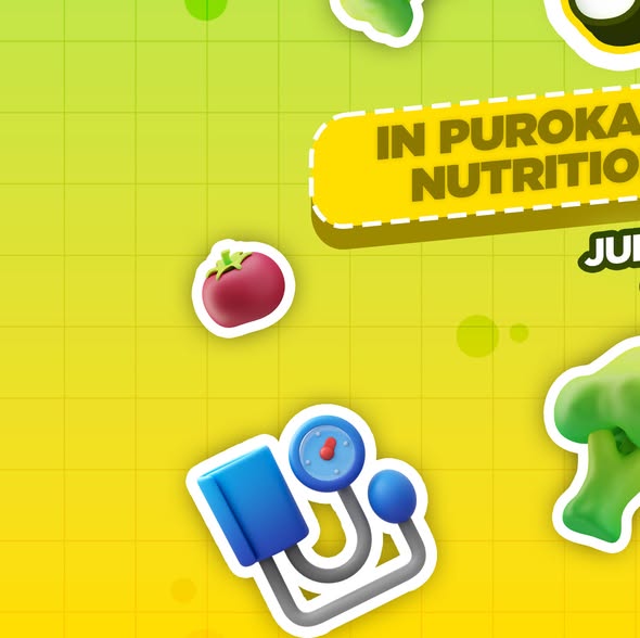 Dekoratibong graphic para sa Nutrition Month celebration sa Naic, may larawan ng gulay at kagamitang medikal