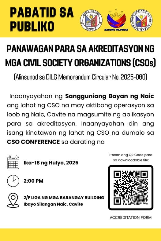 Pabatid sa CSO: Akreditasyon at CSO Conference sa Naic, Hulyo 18, 2025
