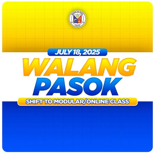 Poster: Walang Pasok, Hulyo 18, 2025, shift to modular/online class sa Naic, Cavite