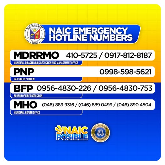 Poster: Naic Emergency Hotline Numbers, may listahan ng MDRRMO, PNP, BFP at MHO na numero ng telepono