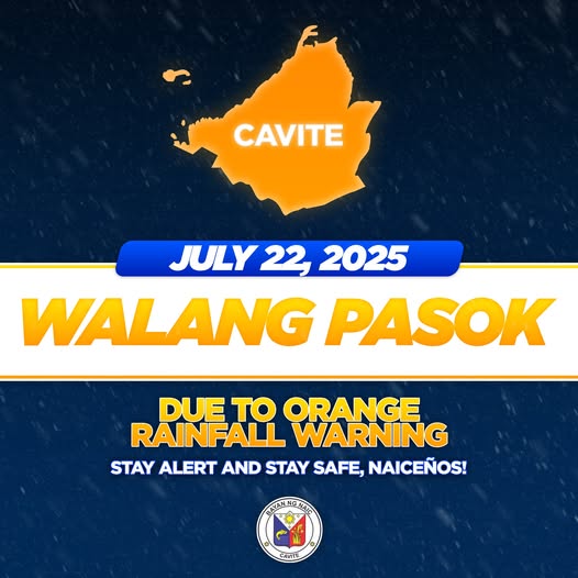 Poster: Walang Pasok bukas, Hulyo 22, 2025, dahil sa Orange Rainfall Warning, Naic, Cavite