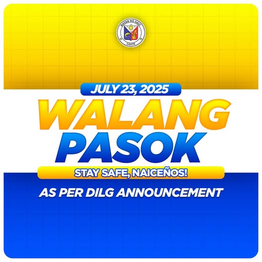 Poster: Walang Pasok, Hulyo 23, 2025, Naic, Cavite, ayon sa anunsyo ng DILG
