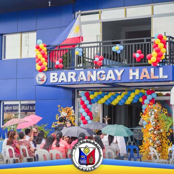 Poster: Bagong Barangay Hall, pinasinayaan sa Barangay Halang, Naic, Cavite, may mga lobo at bulaklak