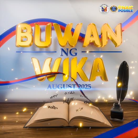 Poster: Buwan ng Wika, August 2025, Naic, Cavite, may bukas na aklat at panulat