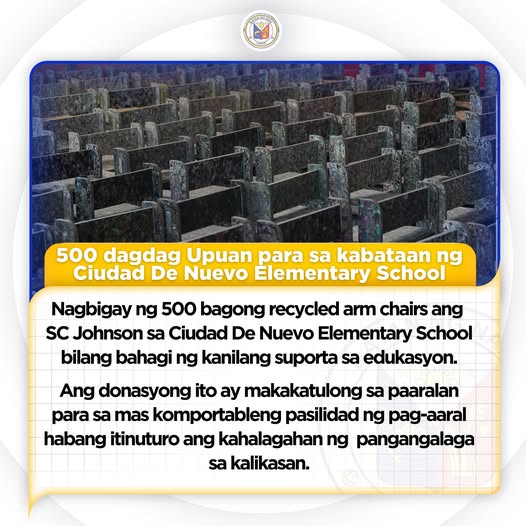 Poster: 500 dagdag upuan para sa Ciudad De Nuevo Elementary School, donasyon ng SC Johnson