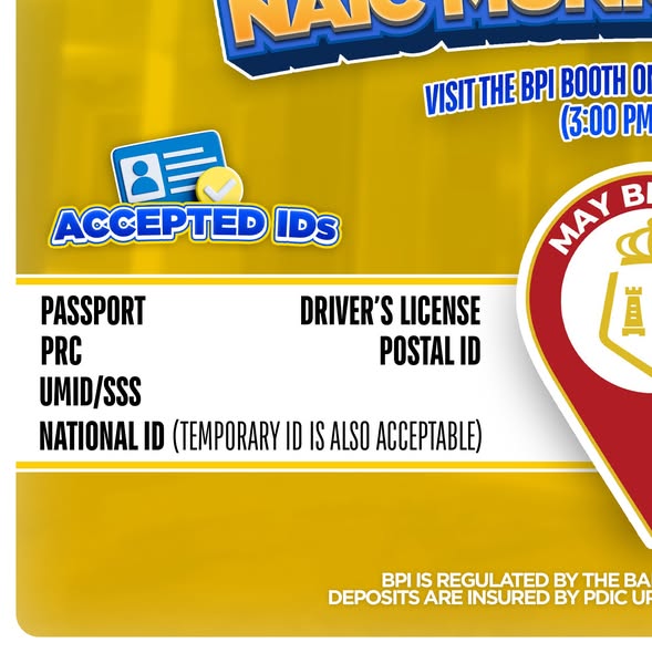 Poster: Accepted IDs para sa BPI account opening sa Naic Municipal Hall, may cut-off na 3:00 PM