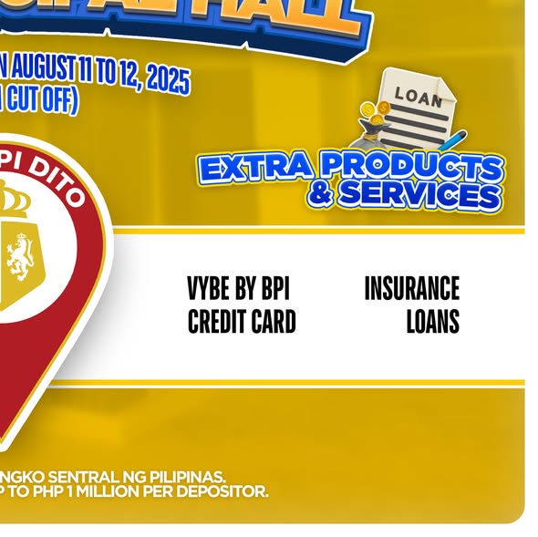 Poster: BPI Account Opening sa Naic Municipal Hall, Agosto 11 hanggang 12, 2025, may Extra Products & Services