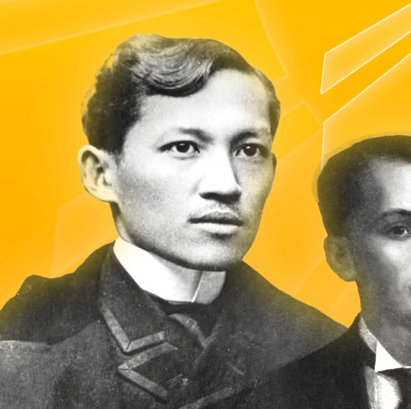 Graphic: Mga lumang larawan ng dalawang lalaki sa dilaw na background, bahagi ng pagdiriwang ng Buwan ng Wika