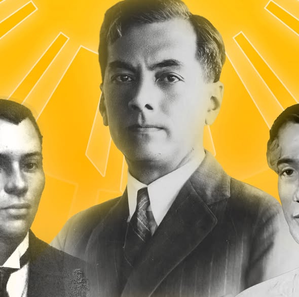 Graphic: tatlong lumang larawan ng mga lalaki sa ibabaw ng dilaw na sinag na background, para sa Buwan ng Wika