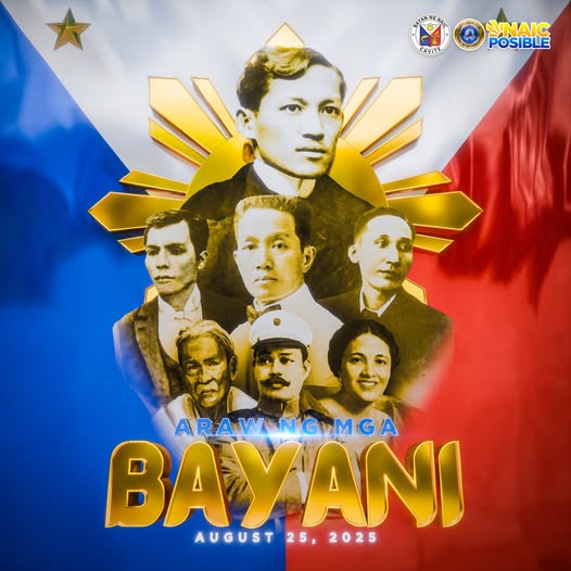 Poster: Araw ng mga Bayani, Agosto 25, 2025, Naic, Cavite, may watawat ng Pilipinas at mga larawan ng mga bayani