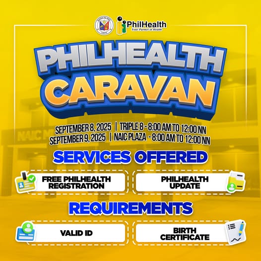 Poster: PhilHealth Caravan, Setyembre 8 at 9, 2025, Triple 8 at Naic Plaza, 8:00 AM hanggang 12:00 NN