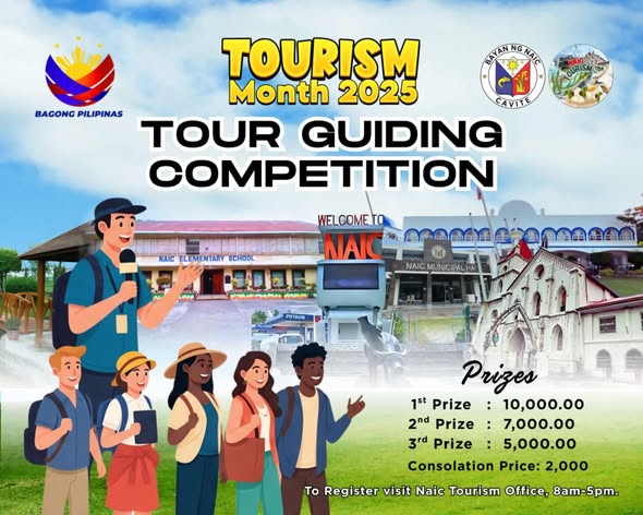 Poster: Tourism Month 2025 Tour Guiding Competition, mga premyo at registration sa Naic Tourism Office, 8AM-5PM