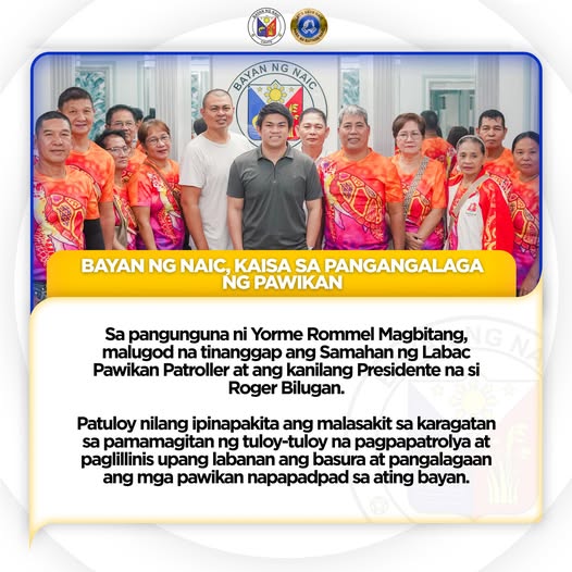 Poster: Bayan ng Naic, kaisa sa pangangalaga ng pawikan; grupo ng Labac Pawikan Patroller kasama ang opisyal ng bayan