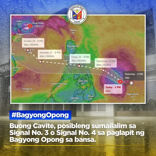 Mapa ng landas ng Bagyong Opong na may Signal No. 3 o 4 sa Cavite, mula sa PAGASA.