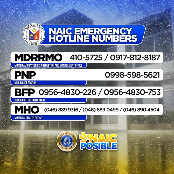 Poster: Naic Emergency Hotline Numbers para sa MDRRMO, PNP, BFP at MHO