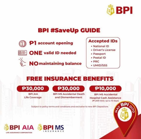 Poster: BPI #SaveUp Guide, P1 account opening, isang valid ID lang, walang maintaining balance, may libreng insurance