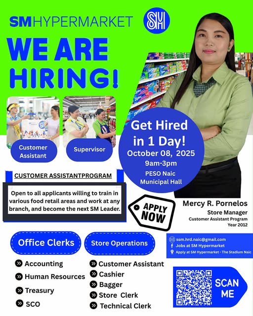 Poster: SM Hypermarket We Are Hiring, Get Hired in 1 Day, Oktubre 08, 2025, PESO Naic Municipal Hall