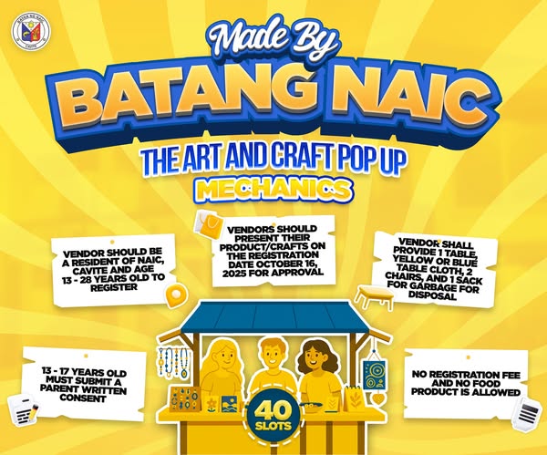 Poster: Made by Batang Naic Arts and Craft Pop Up, mga patakaran at mekaniks ng pagsali, 40 slots