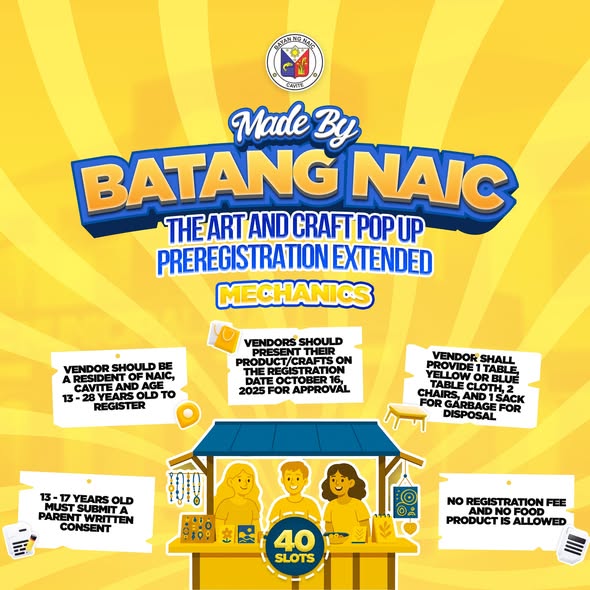 Poster: Made by Batang Naic, Art and Craft Pop Up, pre-registration mechanics, 40 slots, Naic