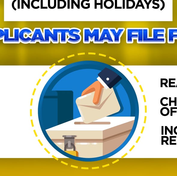 Graphic: Ilustrasyon ng pagboto sa ballot box na may bahagyang text tungkol sa voter registration, kasama ang holidays
