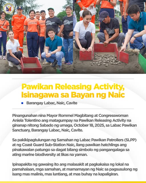 Mga tao habang nagpapakawala ng pawikan (hatchlings) sa dalampasigan ng Labac Pawikan Sanctuary, Naic
