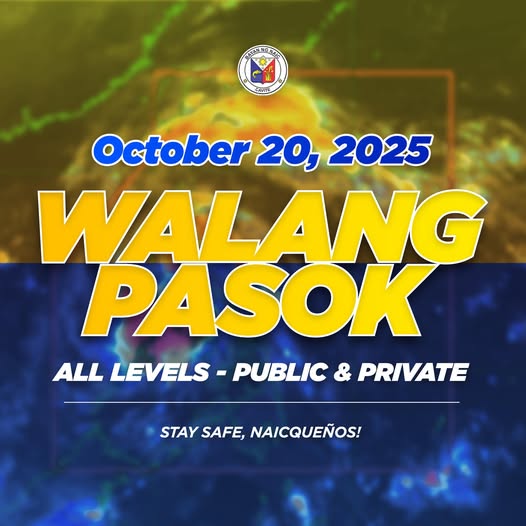 Poster: Walang Pasok sa lahat ng antas, Oktubre 20, 2025, Naic, Cavite. Manatiling ligtas, Naicqueños!