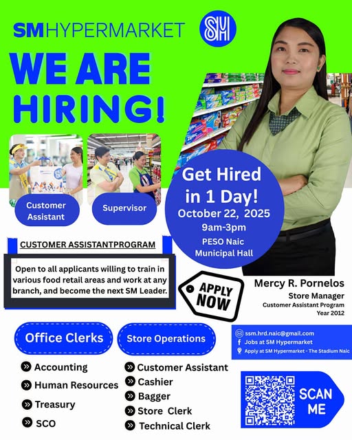 Poster: SM Hypermarket We Are Hiring, Get Hired in 1 Day, Oktubre 22, 2025, 9am-3pm, PESO Naic Municipal Hall