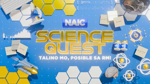 Poster: NAIC Science Quest, Talino mo, posible sa RM! Naic Science Quiz Bee Contest para sa mga batang Naic