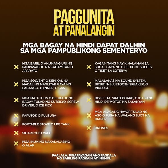 Poster: Paggunita at Panalangin, mga bagay na hindi dapat dalhin sa mga pampublikong sementeryo