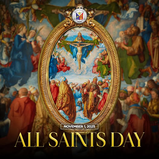 Poster: All Saints Day, Nobyembre 1, 2025. Larawan ng pagpipinta ng mga santo at ni Kristo sa krus sa gintong frame.