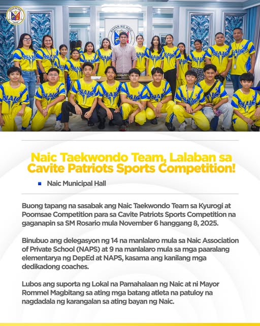 Poster: Naic Taekwondo Team, lalaban sa Cavite Patriots Sports Competition, SM Rosario, Nobyembre 6-8, 2025