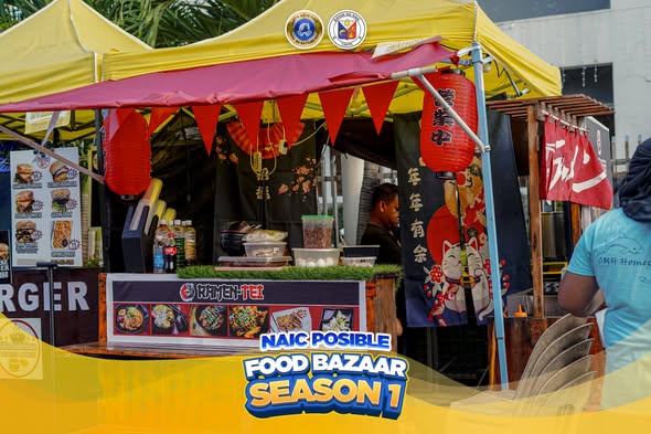 Poster: Naic Posible Food Bazaar Season 1, food stall na may ramen at mga tindera sa bazaar