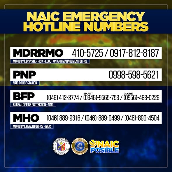 Graphic: Naic Emergency Hotline Numbers para sa MDRRMO, PNP, BFP at MHO, Naic, Cavite