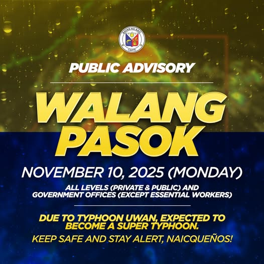 Poster: Walang Pasok sa Lunes, Nobyembre 10, 2025, sa lahat ng antas at tanggapan ng gobyerno sa Naic dahil sa Bagyong Uwan