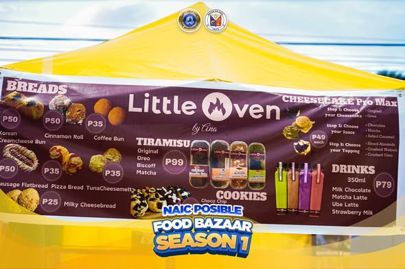 Poster: Little Oven food stall menu sa Naic Posible Food Bazaar Season 1, may tinapay, tiramisu, cookies at inumin