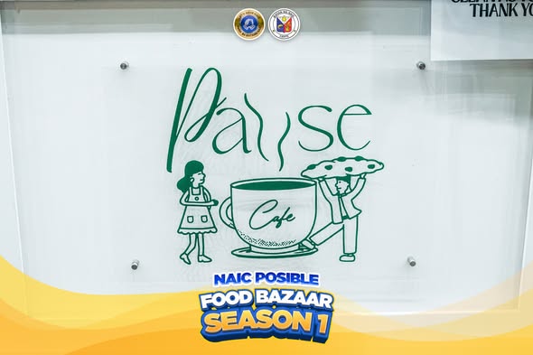 Graphic: Pause Cafe na karatula sa salamin, may logo ng Naic Posible Food Bazaar Season 1 sa ibaba