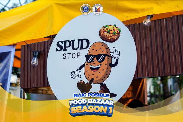 Poster: Naic Posible Food Bazaar Season 1, Spud Stop na may cartoon na patatas, sa harap ng Naic Municipal Hall