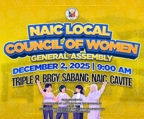 Poster: General Assembly ng Naic Local Council of Women, Disyembre 2, 2025, 9:00 AM, Triple 8, Brgy. Sabang, Naic